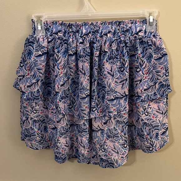 NWT Simply Southern Women's Ruffle Micro Mini Skirt Leaf Print Blue White Medium - Picture 2 of 5